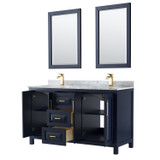 Wyndham WCV252560DBLCMUNSM24 Daria 60 Inch Double Bathroom Vanity in Dark Blue, White Carrara Marble Countertop, Undermount Square Sinks, 24 Inch Mirrors
