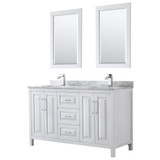 Wyndham WCV252560DWHCMUNSM24 Daria 60 Inch Double Bathroom Vanity in White, White Carrara Marble Countertop, Undermount Square Sinks, and 24 Inch Mirrors