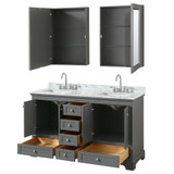 Wyndham WCS202060DKGCMUNSMED Deborah 60 Inch Double Bathroom Vanity in Dark Gray, White Carrara Marble Countertop, Undermount Square Sinks, and Medicine Cabinets