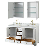 Wyndham WCS202060DWGCMUNSMED Deborah 60 Inch Double Bathroom Vanity in White, White Carrara Marble Countertop, Undermount Square Sinks, Brushed Gold Trim, Medicine Cabinets