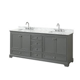 Wyndham WCS202080DKGCMUNSMXX Deborah 80 Inch Double Bathroom Vanity in Dark Gray, White Carrara Marble Countertop, Undermount Square Sinks, and No Mirror