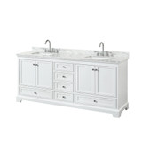 Wyndham WCS202080DWHCMUNSMXX Deborah 80 Inch Double Bathroom Vanity in White, White Carrara Marble Countertop, Undermount Square Sinks, and No Mirror