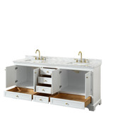 Wyndham WCS202080DWGCMUNSMXX Deborah 80 Inch Double Bathroom Vanity in White, White Carrara Marble Countertop, Undermount Square Sinks, Brushed Gold Trim, No Mirrors