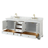 Wyndham WCS202080DWGCMUNSMXX Deborah 80 Inch Double Bathroom Vanity in White, White Carrara Marble Countertop, Undermount Square Sinks, Brushed Gold Trim, No Mirrors
