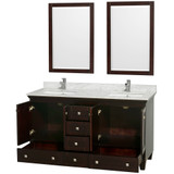 Wyndham WCV800060DESCMUNSM24 Acclaim 60 Inch Double Bathroom Vanity in Espresso, White Carrara Marble Countertop, Undermount Square Sinks, and 24 Inch Mirrors