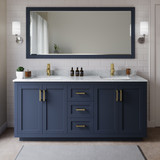 Wyndham WCF292972DBLCMUNSMXX Miranda 72 Inch Double Bathroom Vanity in Dark Blue, White Carrara Marble Countertop, Undermount Square Sinks, Brushed Gold Trim