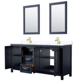 Wyndham WCV252572DBLWCUNSM24 Daria 72 Inch Double Bathroom Vanity in Dark Blue, White Cultured Marble Countertop, Undermount Square Sinks, 24 Inch Mirrors