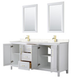 Wyndham WCV252572DWGC2UNSM24 Daria 72 Inch Double Bathroom Vanity in White, Light-Vein Carrara Cultured Marble Countertop, Undermount Square Sinks, 24 Inch Mirrors, Brushed Gold Trim