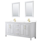 Wyndham WCV252572DWGWCUNSM24 Daria 72 Inch Double Bathroom Vanity in White, White Cultured Marble Countertop, Undermount Square Sinks, 24 Inch Mirrors, Brushed Gold Trim