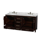 Wyndham WCS141472DESCMUNOMXX Sheffield 72 Inch Double Bathroom Vanity in Espresso, White Carrara Marble Countertop, Undermount Oval Sinks, and No Mirror