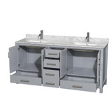 Wyndham WCS141472DGYCMUNSMXX Sheffield 72 Inch Double Bathroom Vanity in Gray, White Carrara Marble Countertop, Undermount Square Sinks, and No Mirror