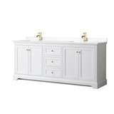 Wyndham WCV232380DWGC2UNSMXX Avery 80 Inch Double Bathroom Vanity in White, Light-Vein Carrara Cultured Marble Countertop, Undermount Square Sinks, Brushed Gold Trim