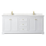 Wyndham WCV232380DWGC2UNSMXX Avery 80 Inch Double Bathroom Vanity in White, Light-Vein Carrara Cultured Marble Countertop, Undermount Square Sinks, Brushed Gold Trim