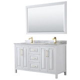 Wyndham WCV252560DWGCMUNSM58 Daria 60 Inch Double Bathroom Vanity in White, White Carrara Marble Countertop, Undermount Square Sinks, 58 Inch Mirror, Brushed Gold Trim