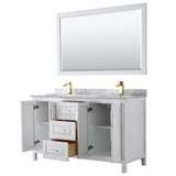 Wyndham WCV252560DWGCMUNSM58 Daria 60 Inch Double Bathroom Vanity in White, White Carrara Marble Countertop, Undermount Square Sinks, 58 Inch Mirror, Brushed Gold Trim