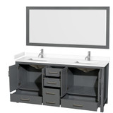 Wyndham WCS141472DKGWCUNSM70 Sheffield 72 Inch Double Bathroom Vanity in Dark Gray, White Cultured Marble Countertop, Undermount Square Sinks, 70 Inch Mirror