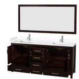 Wyndham WCS141472DESWCUNSM70 Sheffield 72 Inch Double Bathroom Vanity in Espresso, White Cultured Marble Countertop, Undermount Square Sinks, 70 Inch Mirror