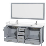 Wyndham WCS141472DGYWCUNSM70 Sheffield 72 Inch Double Bathroom Vanity in Gray, White Cultured Marble Countertop, Undermount Square Sinks, 70 Inch Mirror