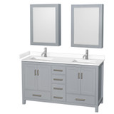 Wyndham WCS141460DGYWCUNSMED Sheffield 60 Inch Double Bathroom Vanity in Gray, White Cultured Marble Countertop, Undermount Square Sinks, Medicine Cabinets