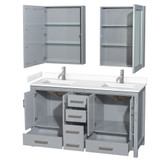 Wyndham WCS141460DGYWCUNSMED Sheffield 60 Inch Double Bathroom Vanity in Gray, White Cultured Marble Countertop, Undermount Square Sinks, Medicine Cabinets
