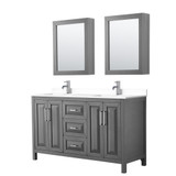 Wyndham WCV252560DKGWCUNSMED Daria 60 Inch Double Bathroom Vanity in Dark Gray, White Cultured Marble Countertop, Undermount Square Sinks, Medicine Cabinets