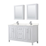 Wyndham WCV252560DWHC2UNSMED Daria 60 Inch Double Bathroom Vanity in White, Light-Vein Carrara Cultured Marble Countertop, Undermount Square Sinks, Medicine Cabinets