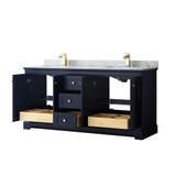 Wyndham WCV232372DBLCMUNSMXX Avery 72 Inch Double Bathroom Vanity in Dark Blue, White Carrara Marble Countertop, Undermount Square Sinks, and No Mirror