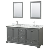 Wyndham WCS202072DKGCMUNSM24 Deborah 72 Inch Double Bathroom Vanity in Dark Gray, White Carrara Marble Countertop, Undermount Square Sinks, and 24 Inch Mirrors