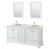 Wyndham WCS202072DWGCMUNOM24 Deborah 72 Inch Double Bathroom Vanity in White, White Carrara Marble Countertop, Undermount Oval Sinks, Brushed Gold Trim, 24 Inch Mirrors