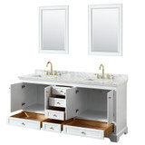 Wyndham WCS202072DWGCMUNSM24 Deborah 72 Inch Double Bathroom Vanity in White, White Carrara Marble Countertop, Undermount Square Sinks, Brushed Gold Trim, 24 Inch Mirrors
