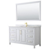 Wyndham WCV252560SWGCMUNSM58 Daria 60 Inch Single Bathroom Vanity in White, White Carrara Marble Countertop, Undermount Square Sink, 58 Inch Mirror, Brushed Gold Trim