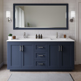 Wyndham WCF292972DBNWCUNSM70 Miranda 72 Inch Double Bathroom Vanity in Dark Blue, White Cultured Marble Countertop, Undermount Square Sinks, Brushed Nickel Trim, 70 Inch Mirror