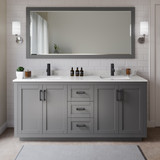 Wyndham WCF292972DGBC2UNSM70 Miranda 72 Inch Double Bathroom Vanity in Dark Gray, Light-Vein Carrara Cultured Marble Countertop, Undermount Square Sinks, Matte Black Trim, 70 Inch Mirror