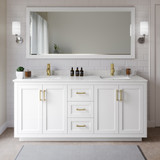 Wyndham WCF292972DWGC2UNSM70 Miranda 72 Inch Double Bathroom Vanity in White, Light-Vein Carrara Cultured Marble Countertop, Undermount Square Sinks, Brushed Gold Trim, 70 Inch Mirror