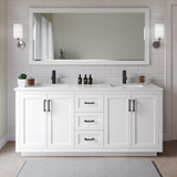 Wyndham WCF292972DWBC2UNSM70 Miranda 72 Inch Double Bathroom Vanity in White, Light-Vein Carrara Cultured Marble Countertop, Undermount Square Sinks, Matte Black Trim, 70 Inch Mirror