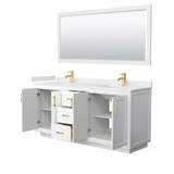 Wyndham WCF292972DWGWCUNSM70 Miranda 72 Inch Double Bathroom Vanity in White, White Cultured Marble Countertop, Undermount Square Sinks, Brushed Gold Trim, 70 Inch Mirror