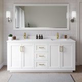 Wyndham WCF292972DWGWCUNSM70 Miranda 72 Inch Double Bathroom Vanity in White, White Cultured Marble Countertop, Undermount Square Sinks, Brushed Gold Trim, 70 Inch Mirror