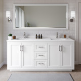 Wyndham WCF292972DWHWCUNSM70 Miranda 72 Inch Double Bathroom Vanity in White, White Cultured Marble Countertop, Undermount Square Sinks, Brushed Nickel Trim, 70 Inch Mirror
