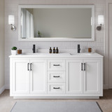Wyndham WCF292972DWBWCUNSM70 Miranda 72 Inch Double Bathroom Vanity in White, White Cultured Marble Countertop, Undermount Square Sinks, Matte Black Trim, 70 Inch Mirror