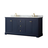 Wyndham WCV232372DBLCMUNOMXX Avery 72 Inch Double Bathroom Vanity in Dark Blue, White Carrara Marble Countertop, Undermount Oval Sinks, and No Mirror