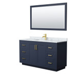 Wyndham WCF292960SBLCMUNSM58 Miranda 60 Inch Single Bathroom Vanity in Dark Blue, White Carrara Marble Countertop, Undermount Square Sink, Brushed Gold Trim, 58 Inch Mirror