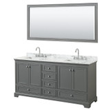 Wyndham WCS202072DKGCMUNSM70 Deborah 72 Inch Double Bathroom Vanity in Dark Gray, White Carrara Marble Countertop, Undermount Square Sinks, and 70 Inch Mirror