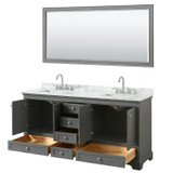 Wyndham WCS202072DKGCMUNSM70 Deborah 72 Inch Double Bathroom Vanity in Dark Gray, White Carrara Marble Countertop, Undermount Square Sinks, and 70 Inch Mirror