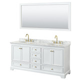 Wyndham WCS202072DWGCMUNOM70 Deborah 72 Inch Double Bathroom Vanity in White, White Carrara Marble Countertop, Undermount Oval Sinks, Brushed Gold Trim, 70 Inch Mirror