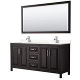 Wyndham WCV252572DDEC2UNSM70 Daria 72 Inch Double Bathroom Vanity in Dark Espresso, Light-Vein Carrara Cultured Marble Countertop, Undermount Square Sinks, 70 Inch Mirror