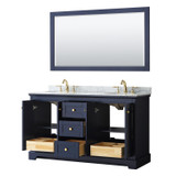 Wyndham WCV232360DBLCMUNOM58 Avery 60 Inch Double Bathroom Vanity in Dark Blue, White Carrara Marble Countertop, Undermount Oval Sinks, and 58 Inch Mirror