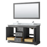 Wyndham WCV232360DKGCMUNSM58 Avery 60 Inch Double Bathroom Vanity in Dark Gray, White Carrara Marble Countertop, Undermount Square Sinks, and 58 Inch Mirror