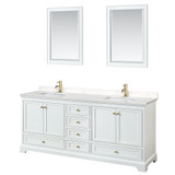 Wyndham WCS202080DWGC2UNSM24 Deborah 80 Inch Double Bathroom Vanity in White, Carrara Cultured Marble Countertop, Undermount Square Sinks, Brushed Gold Trim, 24 Inch Mirrors