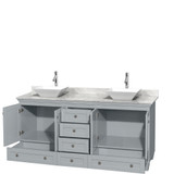Wyndham WCV800072DOYCMD2WMXX Acclaim 72 Inch Double Bathroom Vanity in Oyster Gray, White Carrara Marble Countertop, Pyra White Porcelain Sinks, and No Mirrors