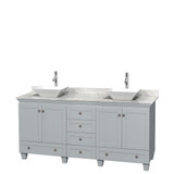 Wyndham WCV800072DOYCMD2WMXX Acclaim 72 Inch Double Bathroom Vanity in Oyster Gray, White Carrara Marble Countertop, Pyra White Porcelain Sinks, and No Mirrors